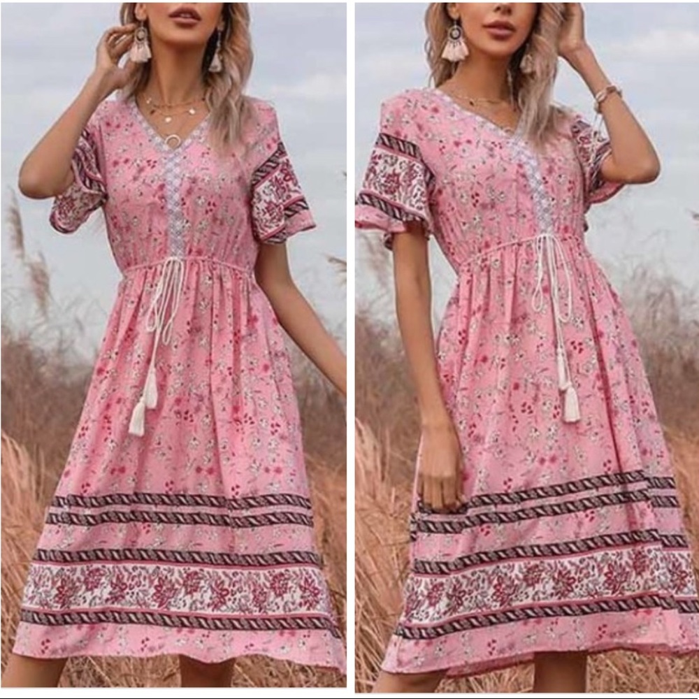 Pink Floral Drawstring Boho Midi Dress